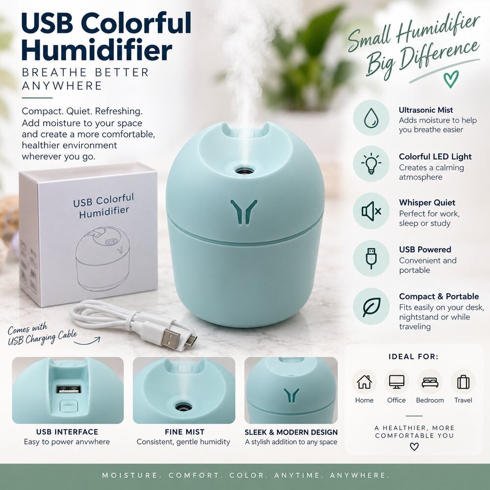 USB Colorful Mini Humidifier Blue Portable Desktop LED Light NEW